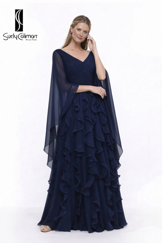 VESTIDO BABADOS EM PÉ COM CORPO DRAPEADO